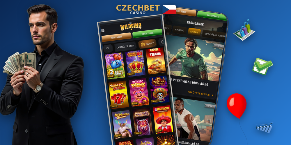 Android telefon s aplikací Czechbet Casino obklopený ikonami her a platebních metod